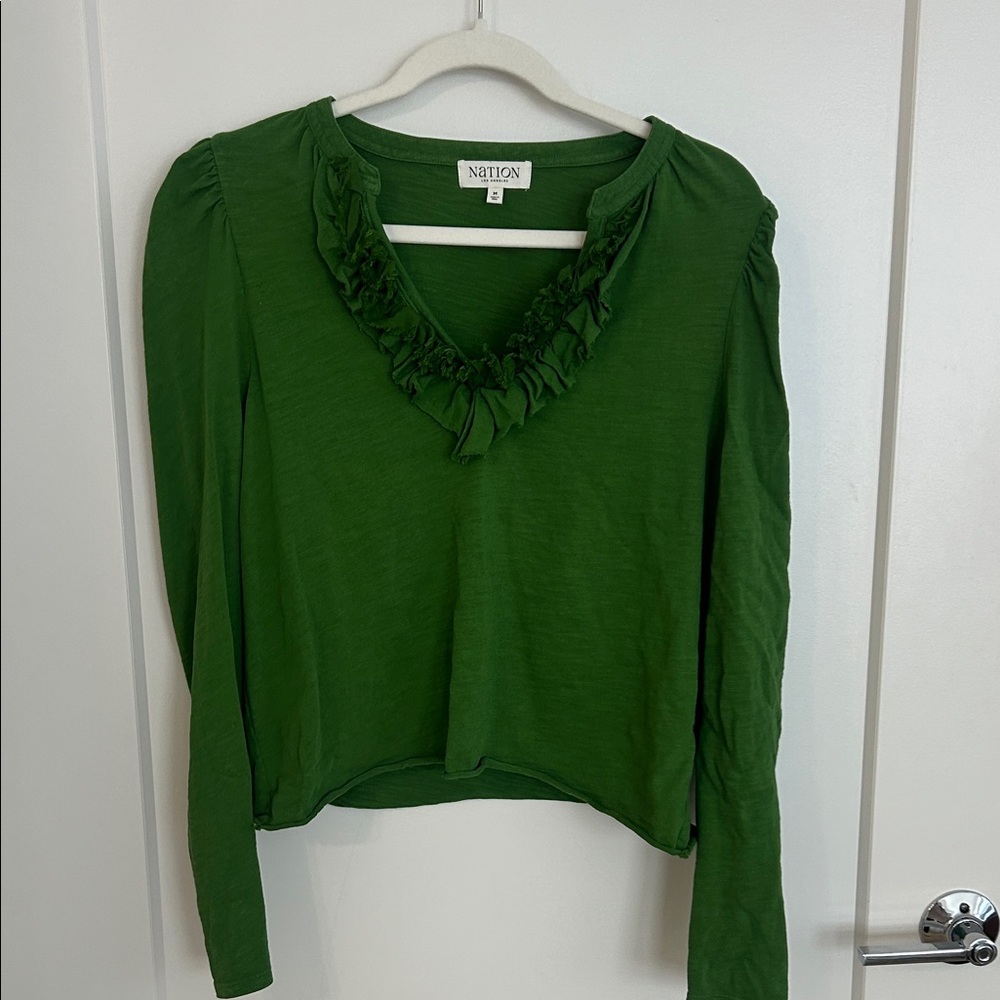 Nation LTD Olive Ruffle V-Neck Long Sleeve Top